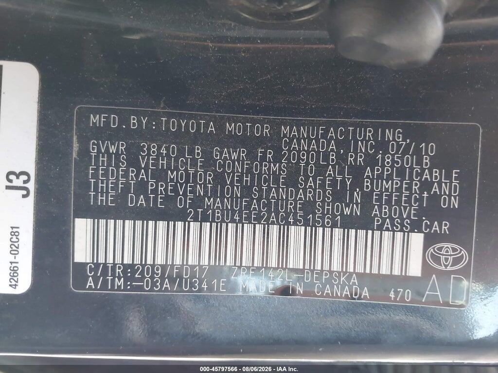 2T1BU4EE2AC451561 2010 TOYOTA COROLLA photo no. 9