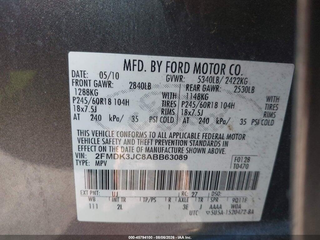 2FMDK3JC8ABB63089 2010 FORD EDGE photo no. 9