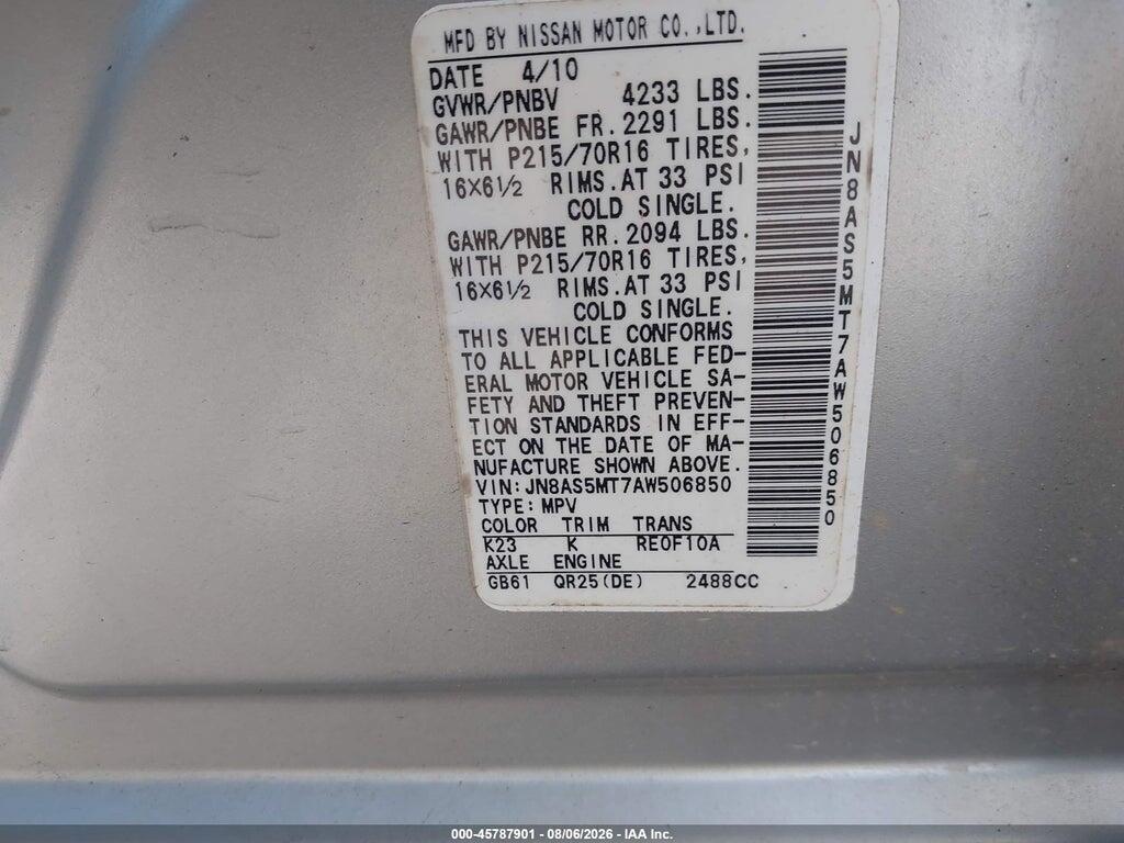 JN8AS5MT7AW506850 2010 NISSAN ROGUE photo no. 9