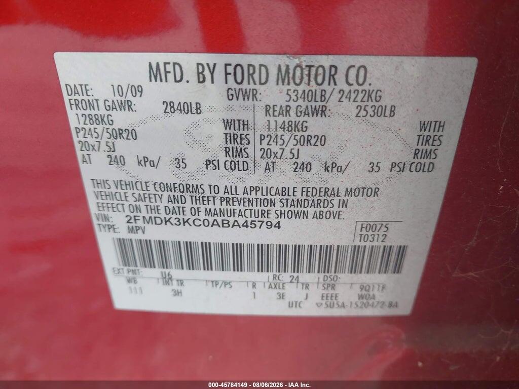 2FMDK3KC0ABA45794 2010 FORD EDGE photo no. 9