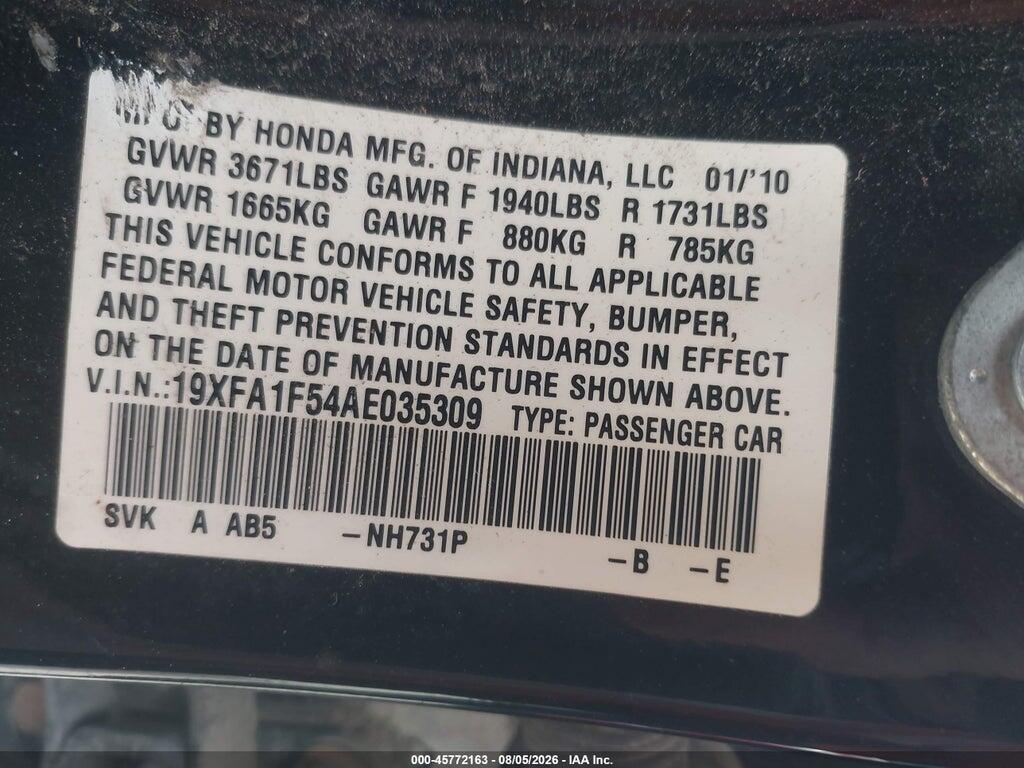 19XFA1F54AE035309 2010 HONDA CIVIC photo no. 9