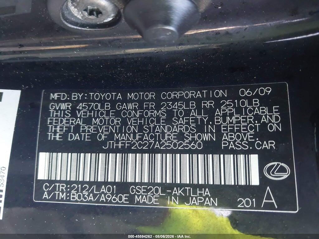 JTHFF2C27A2502560 2010 LEXUS IS 250C photo no. 9