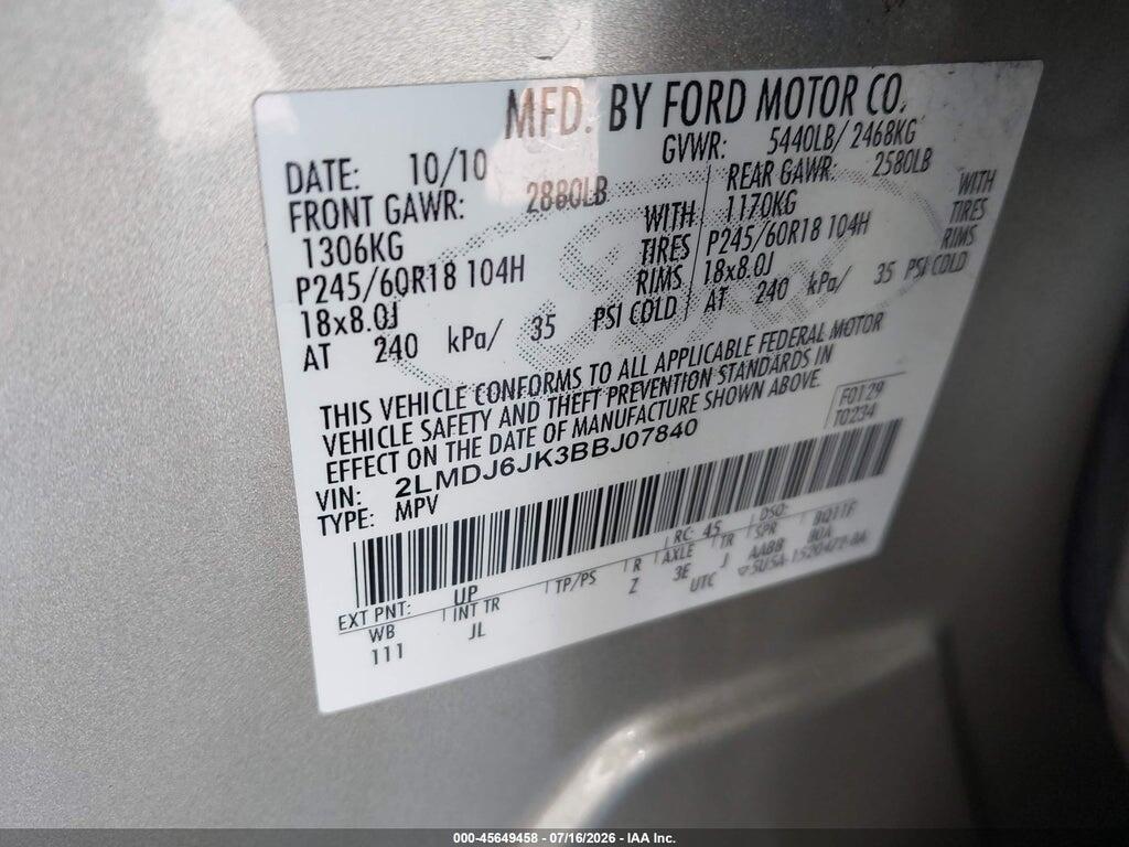 2LMDJ6JK3BBJ07840 2011 LINCOLN MKX photo no. 9