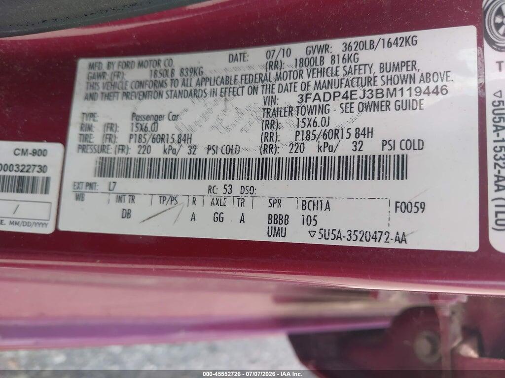 3FADP4EJ3BM119446 2011 FORD FIESTA photo no. 9