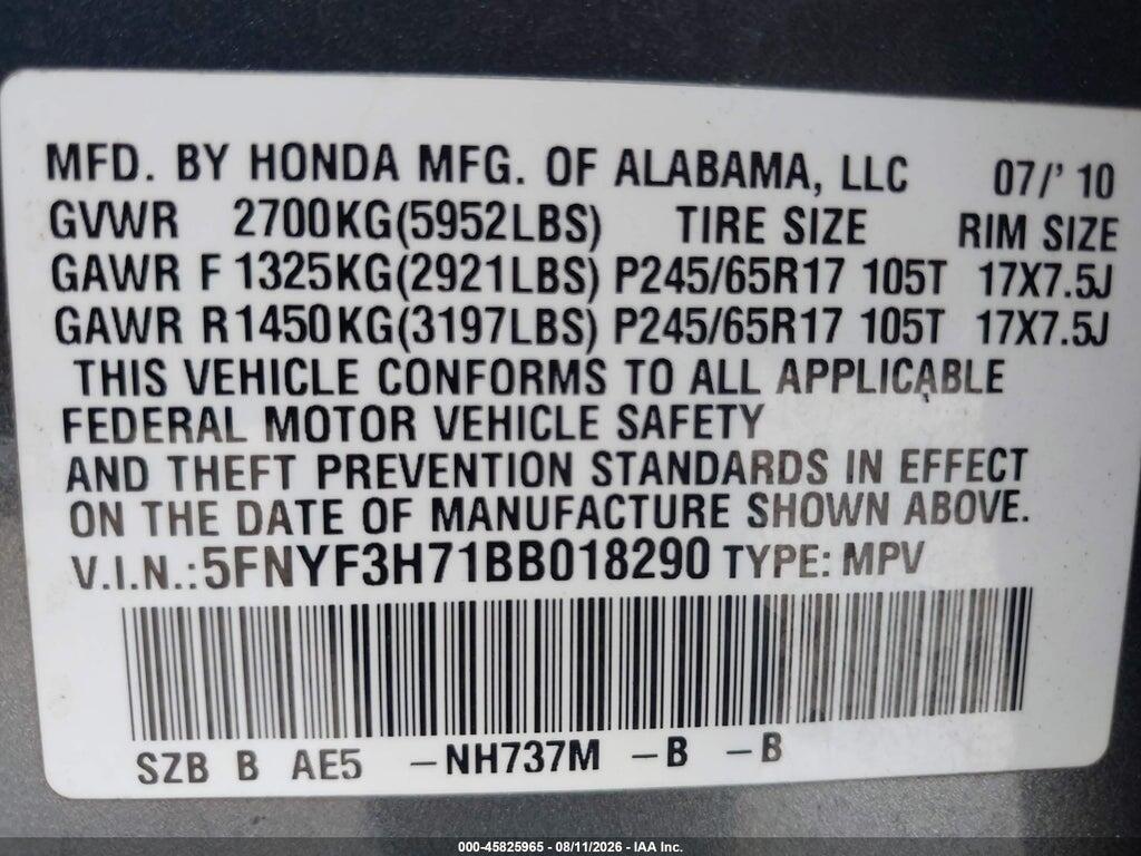 5FNYF3H71BB018290 2011 HONDA PILOT photo no. 9