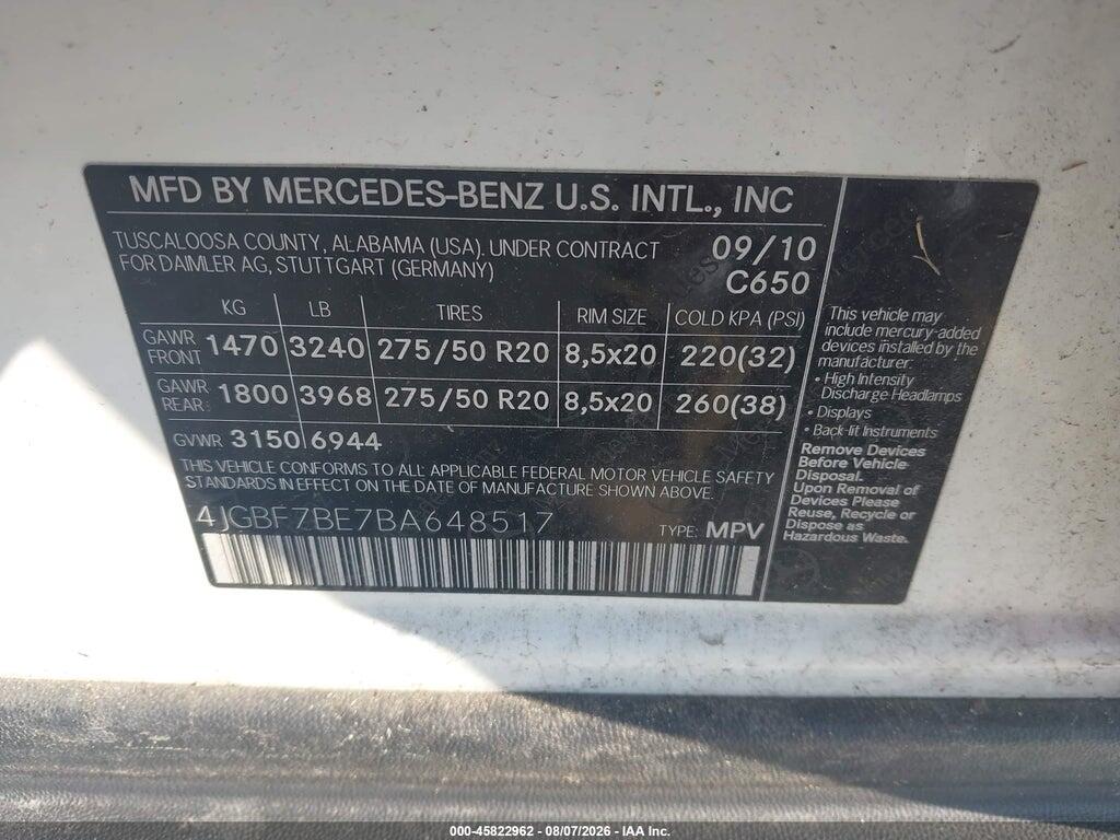 4JGBF7BE7BA648517 2011 MERCEDES-BENZ GL 450 photo no. 9