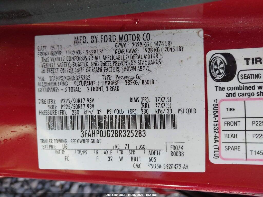 3FAHP0JG2BR325283 2011 FORD FUSION photo no. 9
