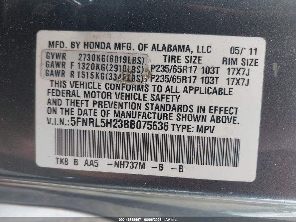 5FNRL5H23BB075636 2011 HONDA ODYSSEY photo no. 9