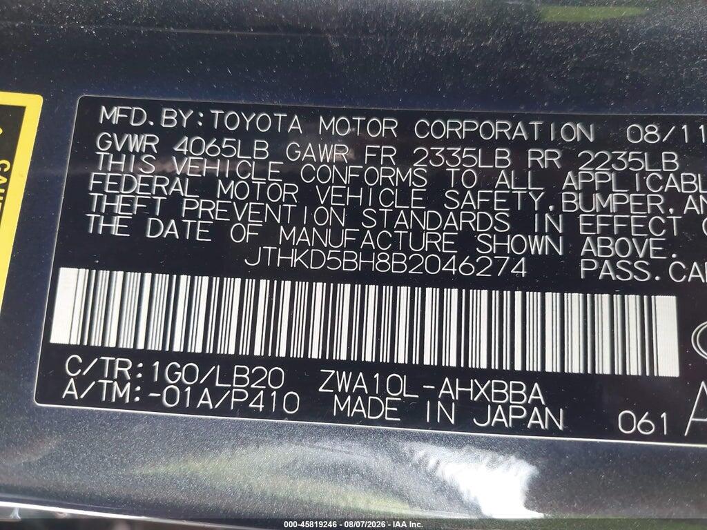 JTHKD5BH8B2046274 2011 LEXUS CT 200H photo no. 9