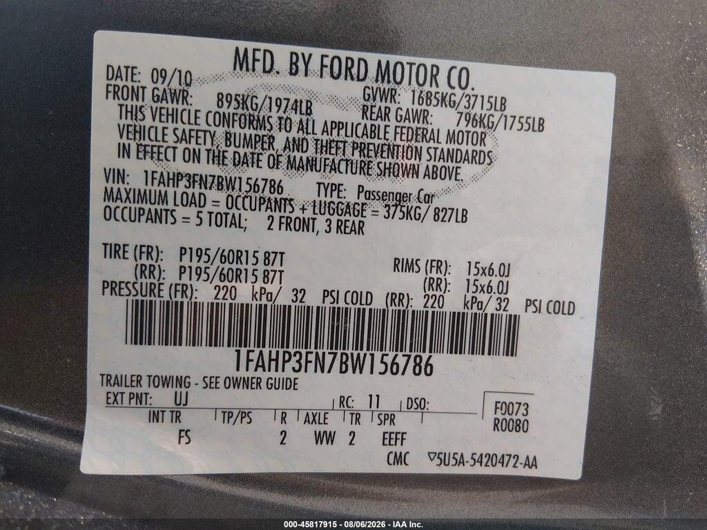1FAHP3FN7BW156786 2011 FORD FOCUS photo no. 9