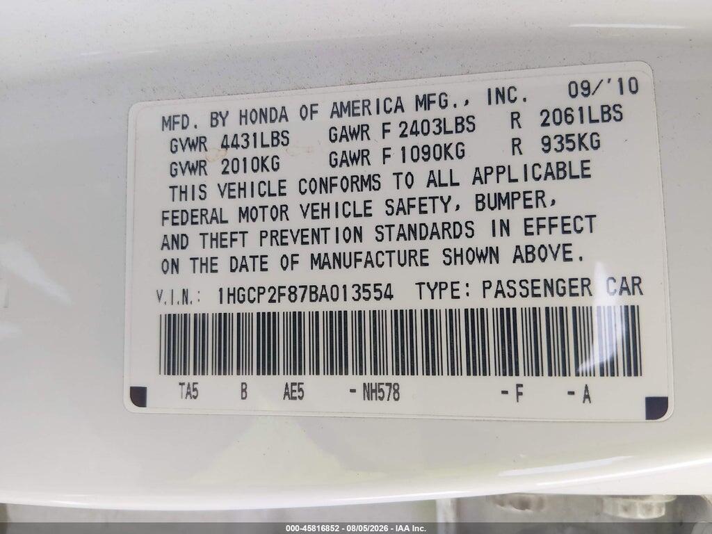 1HGCP2F87BA013554 2011 HONDA ACCORD photo no. 9