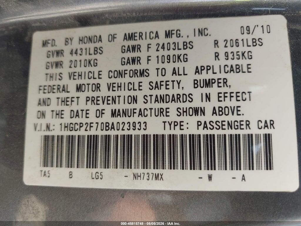 1HGCP2F70BA023933 2011 HONDA ACCORD photo no. 9