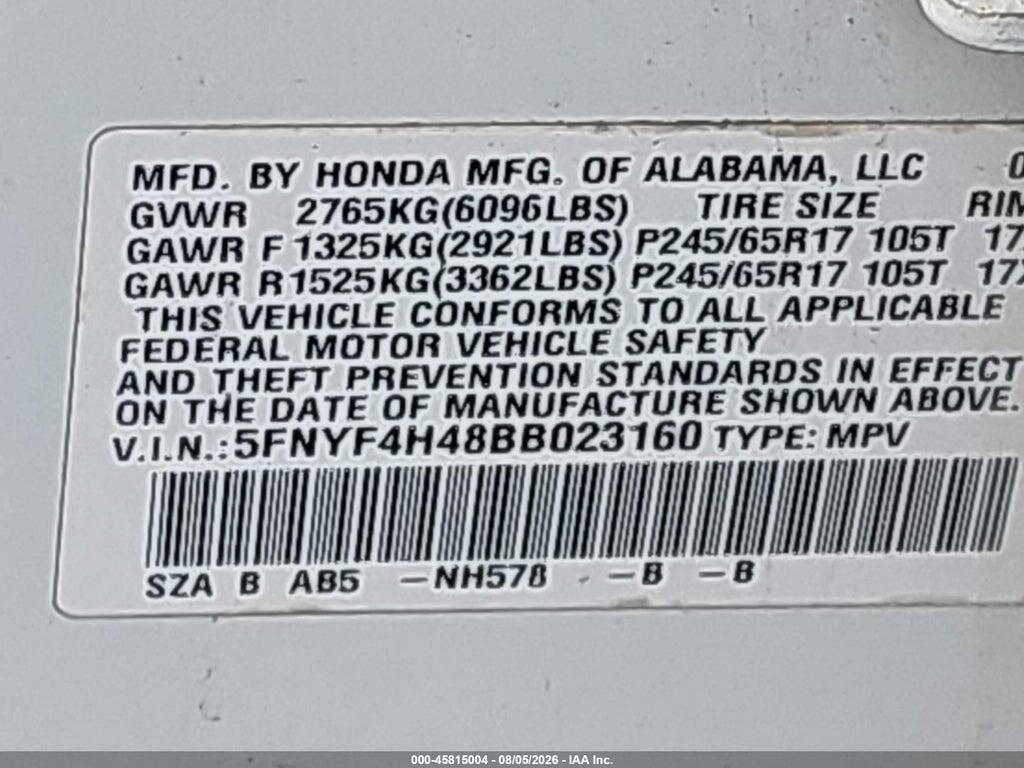 5FNYF4H48BB023160 2011 HONDA PILOT photo no. 9