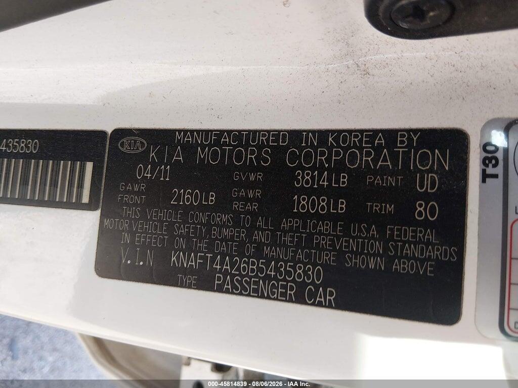 KNAFT4A26B5435830 2011 KIA FORTE photo no. 9