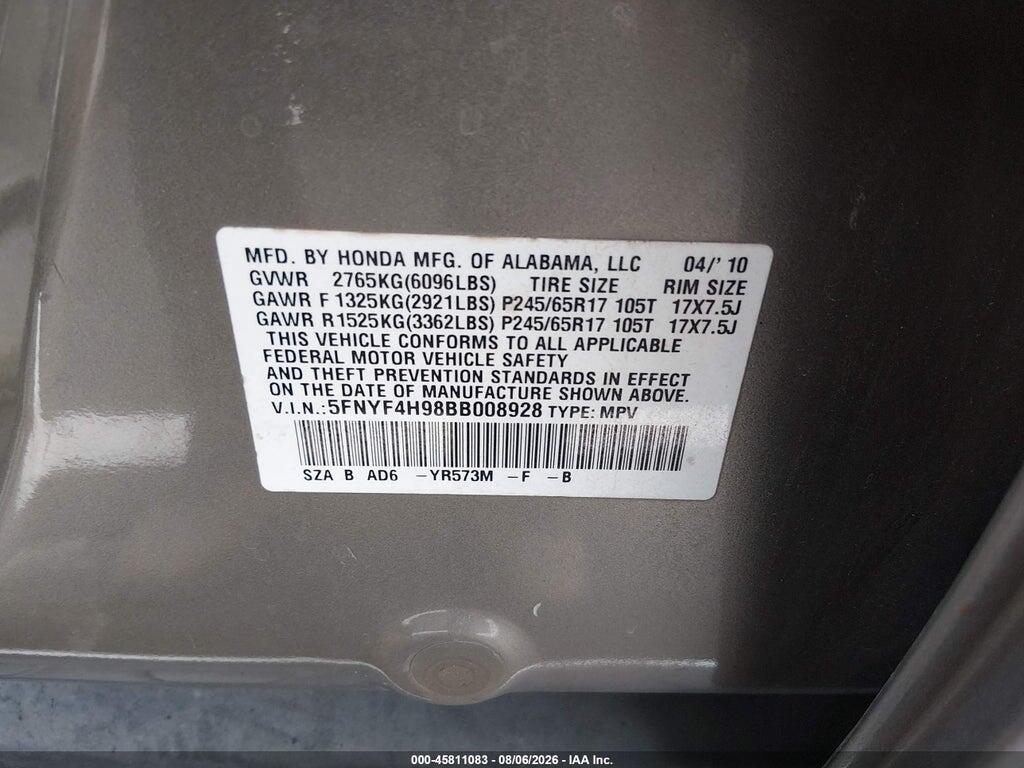 5FNYF4H98BB008928 2011 HONDA PILOT photo no. 9