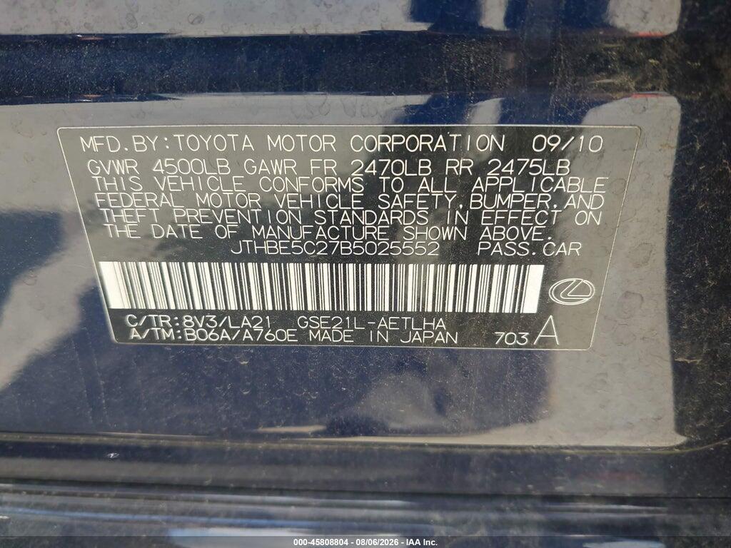 JTHBE5C27B5025552 2011 LEXUS IS 350 photo no. 9