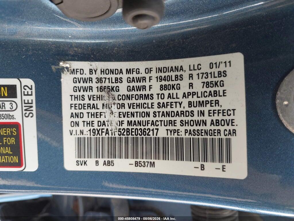 19XFA1F52BE036217 2011 HONDA CIVIC photo no. 9