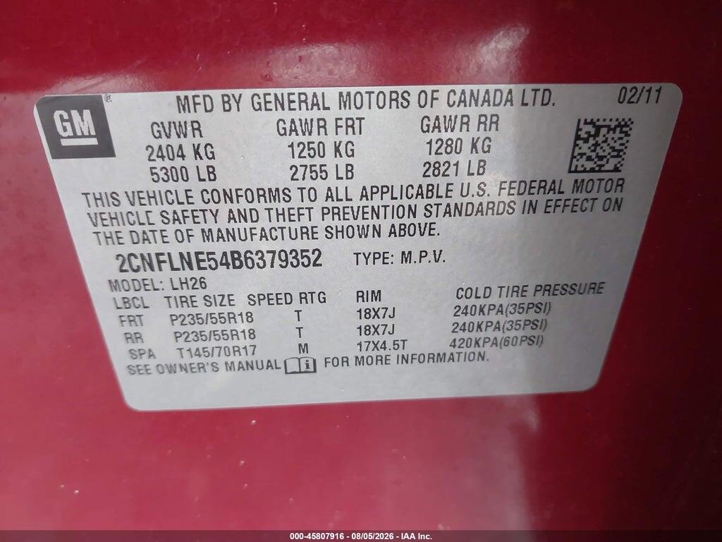 2CNFLNE54B6379352 2011 CHEVROLET EQUINOX photo no. 9