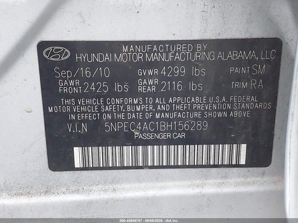 5NPEC4AC1BH156289 2011 HYUNDAI SONATA photo no. 9
