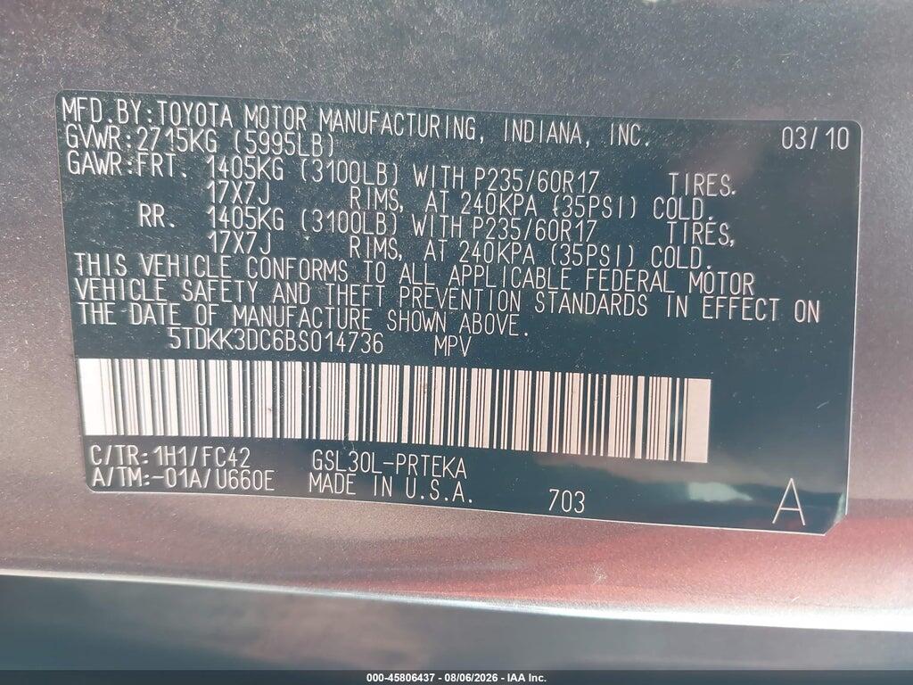 5TDKK3DC6BS014736 2011 TOYOTA SIENNA photo no. 9