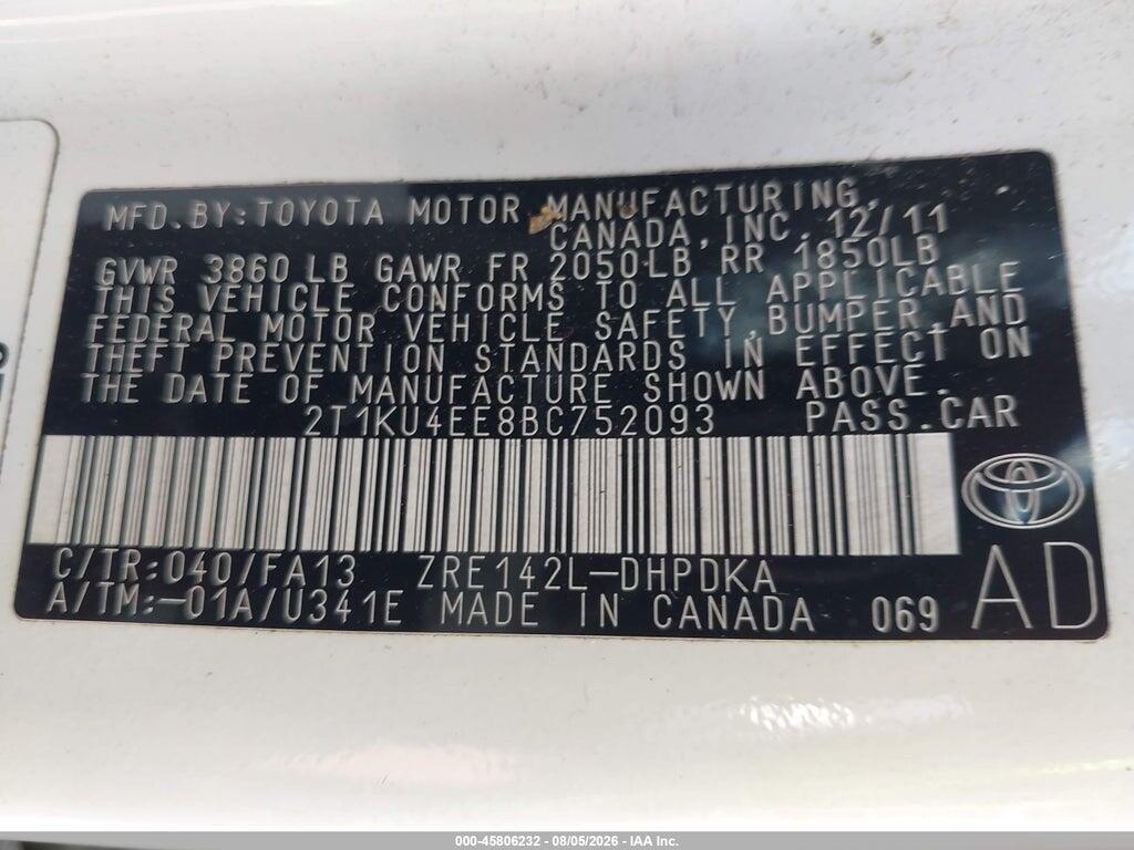 2T1KU4EE8BC752093 2011 TOYOTA MATRIX photo no. 9