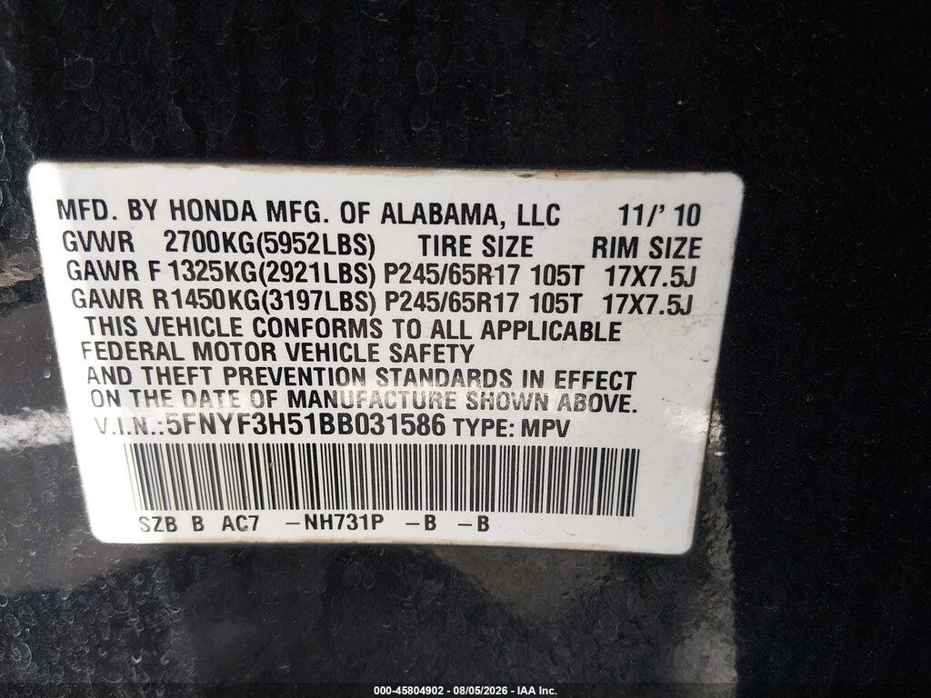 5FNYF3H51BB031586 2011 HONDA PILOT photo no. 9