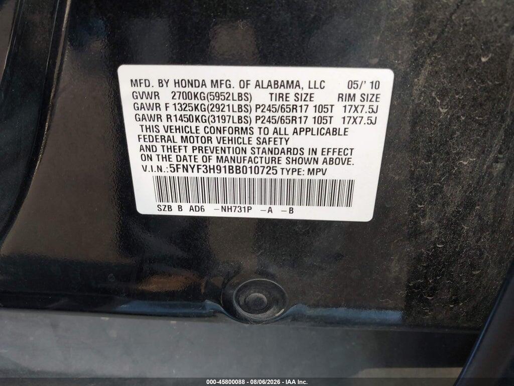 5FNYF3H91BB010725 2011 HONDA PILOT photo no. 9