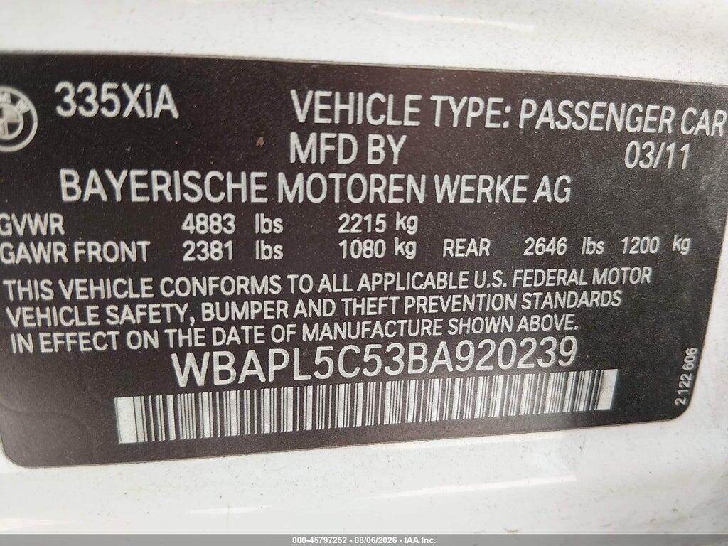 WBAPL5C53BA920239 2011 BMW 335I photo no. 9