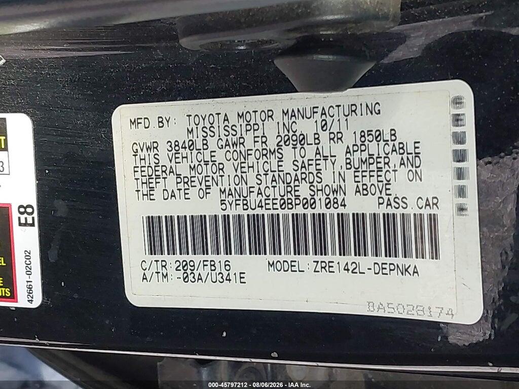 5YFBU4EE0BP001084 2011 TOYOTA COROLLA photo no. 9