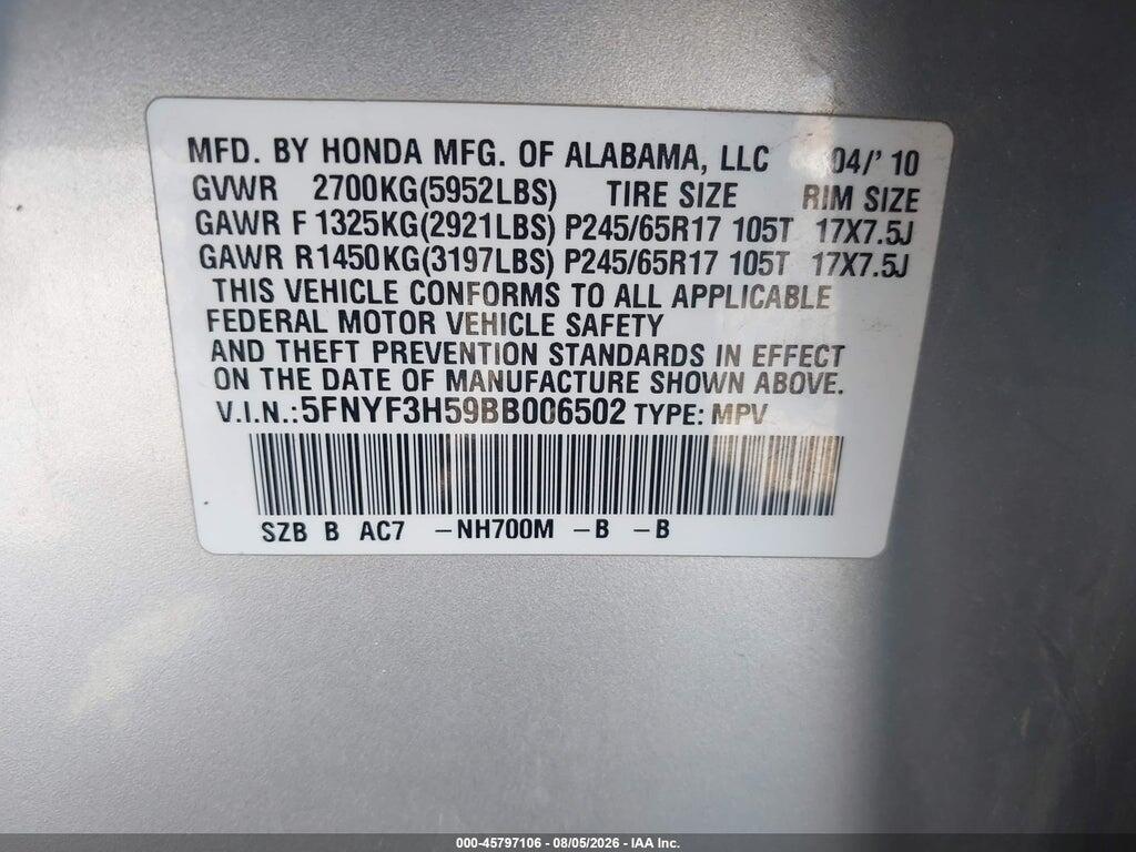 5FNYF3H59BB006502 2011 HONDA PILOT photo no. 9
