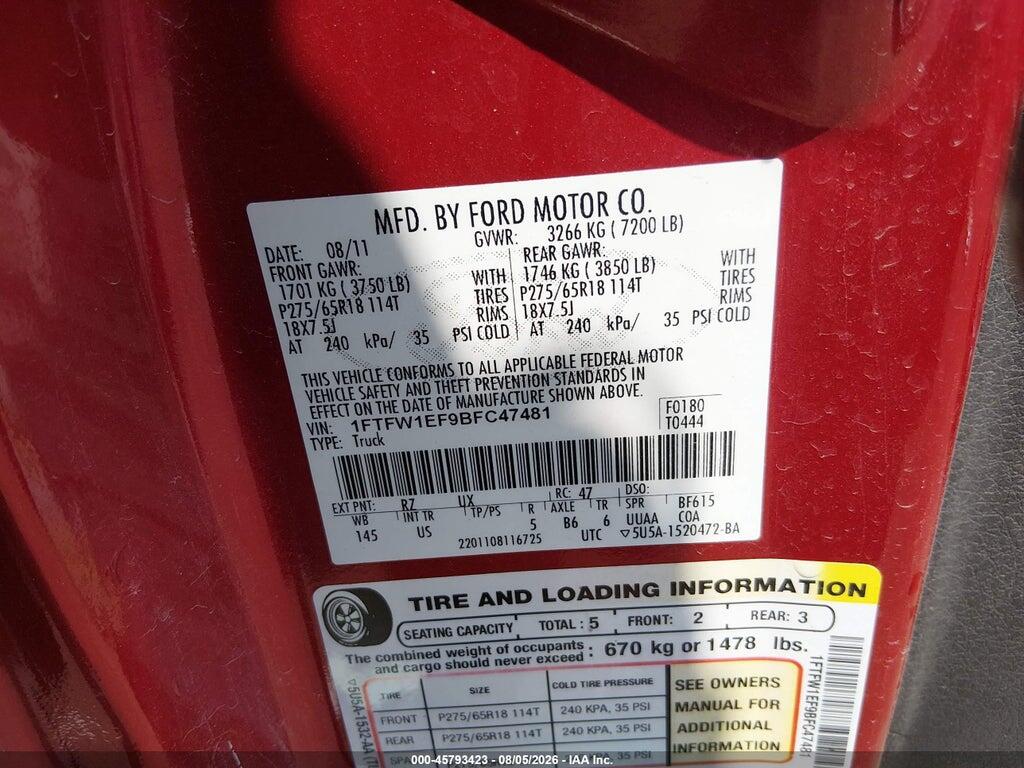 1FTFW1EF9BFC47481 2011 FORD F-150 photo no. 9