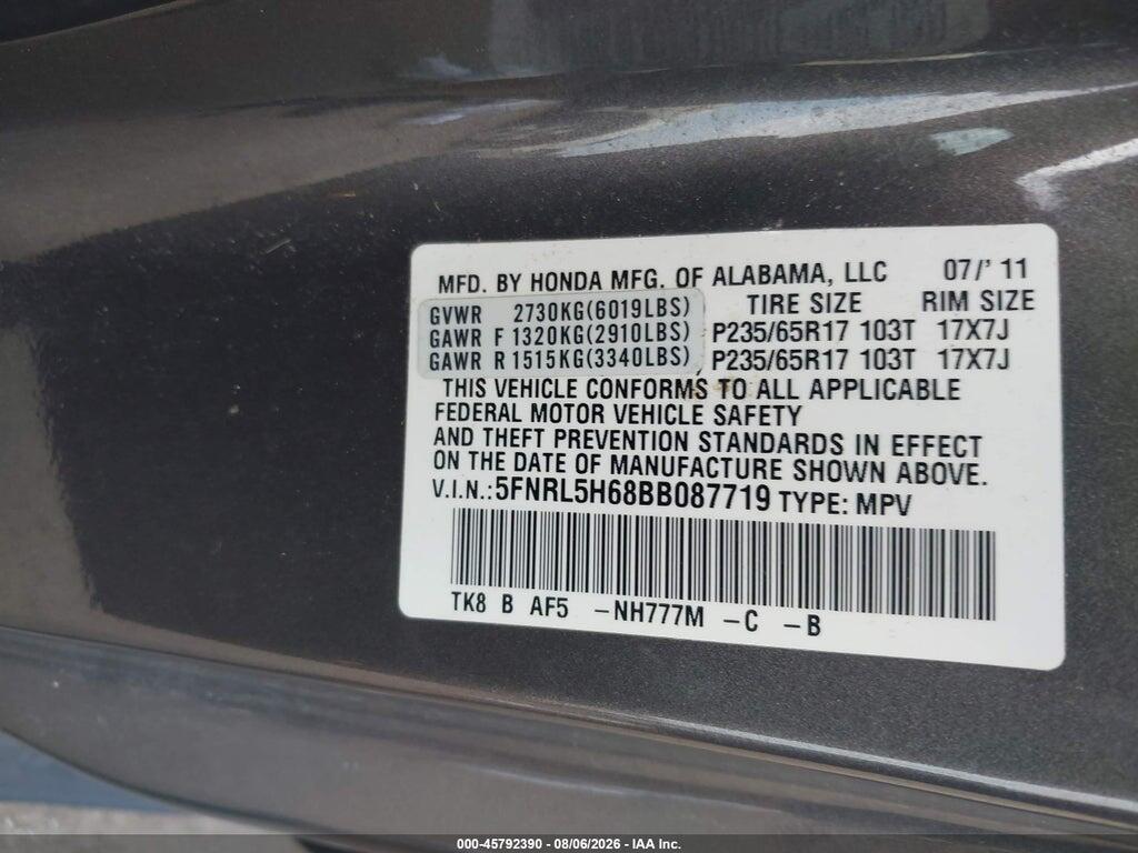 5FNRL5H68BB087719 2011 HONDA ODYSSEY photo no. 9