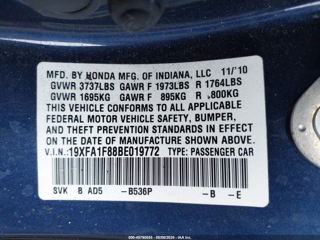 19XFA1F88BE019772 2011 HONDA CIVIC photo no. 9