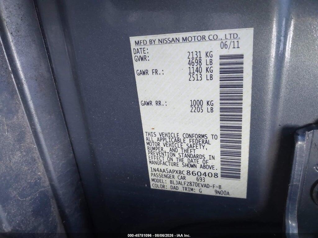 1N4AA5APXBC860408 2011 NISSAN MAXIMA photo no. 9