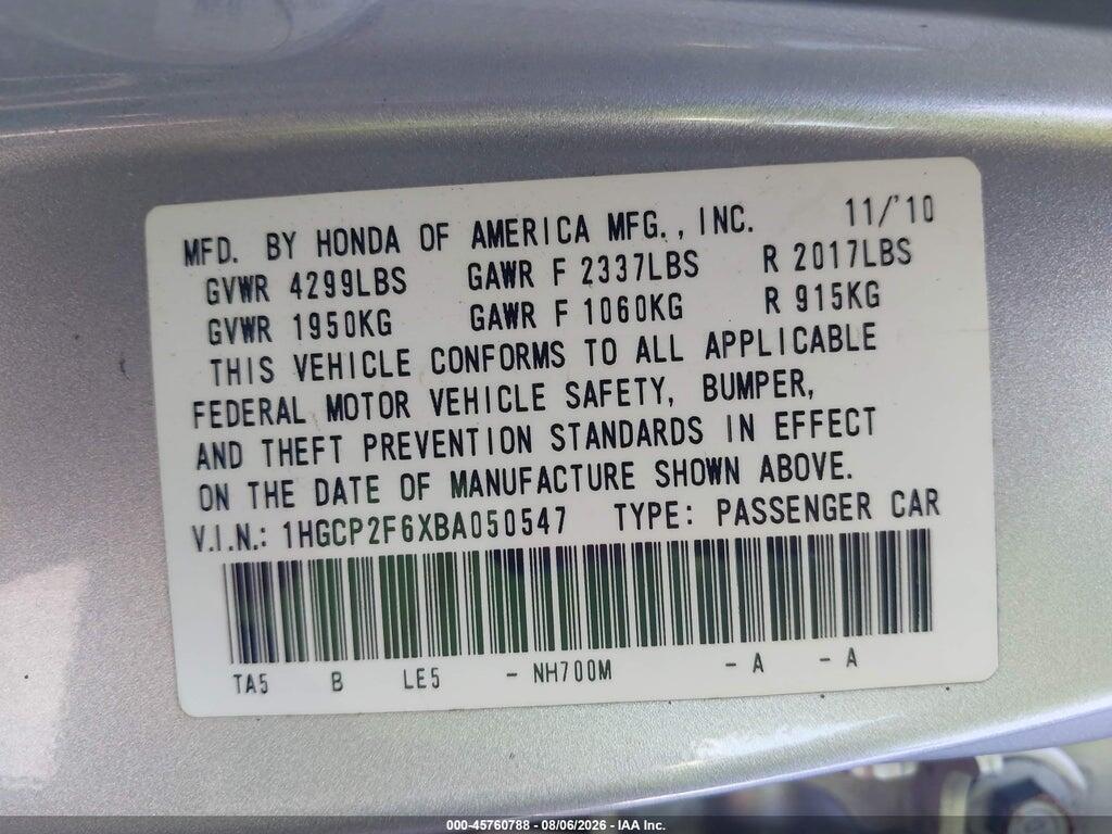 1HGCP2F6XBA050547 2011 HONDA ACCORD photo no. 9