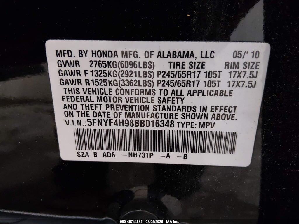 5FNYF4H98BB016348 2011 HONDA PILOT photo no. 9