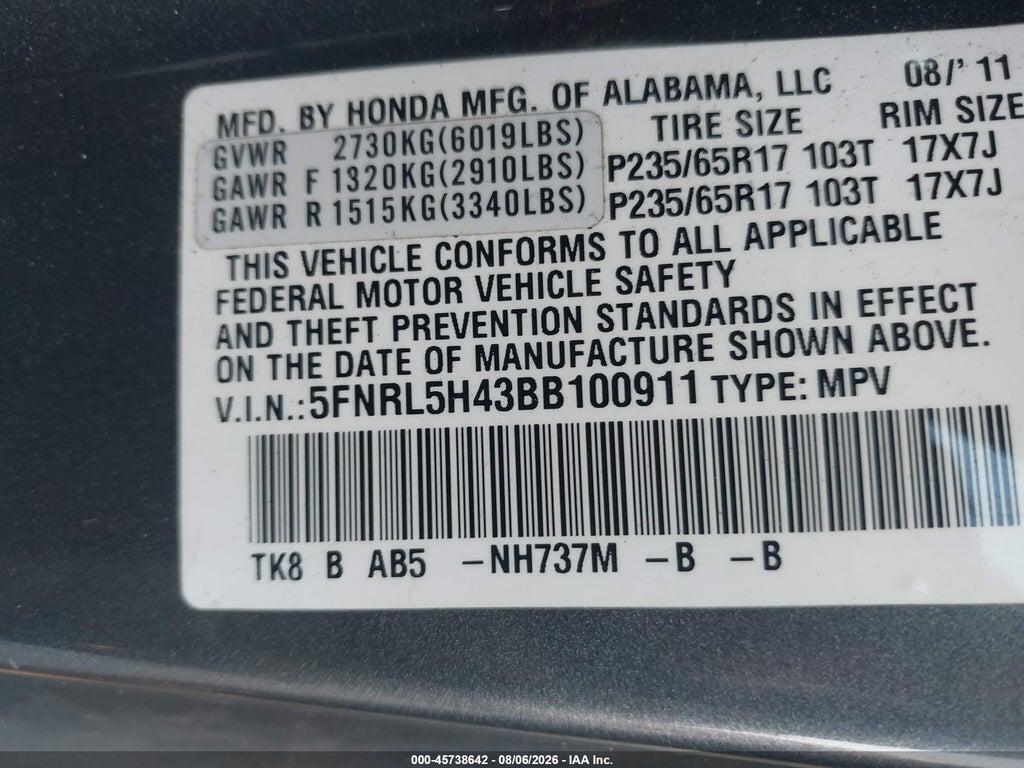 5FNRL5H43BB100911 2011 HONDA ODYSSEY photo no. 9
