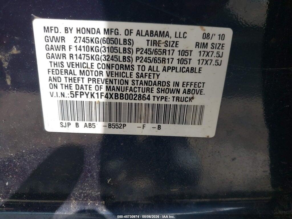 5FPYK1F4XBB002864 2011 HONDA RIDGELINE photo no. 9