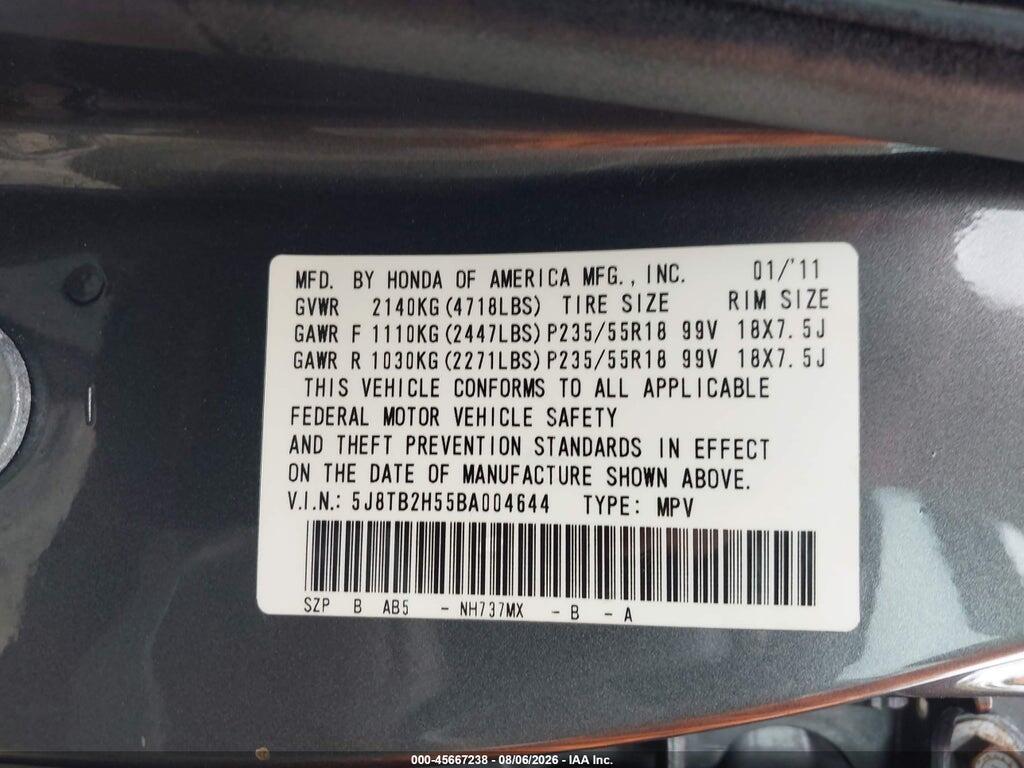 5J8TB2H55BA004644 2011 ACURA RDX photo no. 9