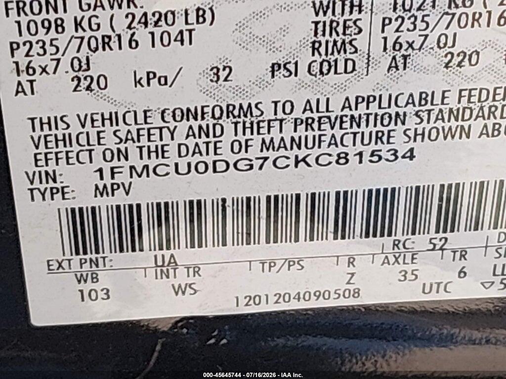1FMCU0DG7CKC81534 2012 FORD ESCAPE photo no. 9
