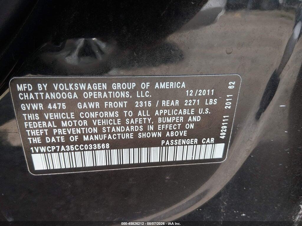 1VWCP7A35CC033568 2012 VOLKSWAGEN PASSAT photo no. 9