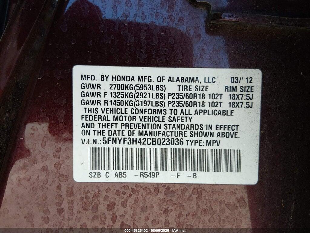 5FNYF3H42CB023036 2012 HONDA PILOT photo no. 9