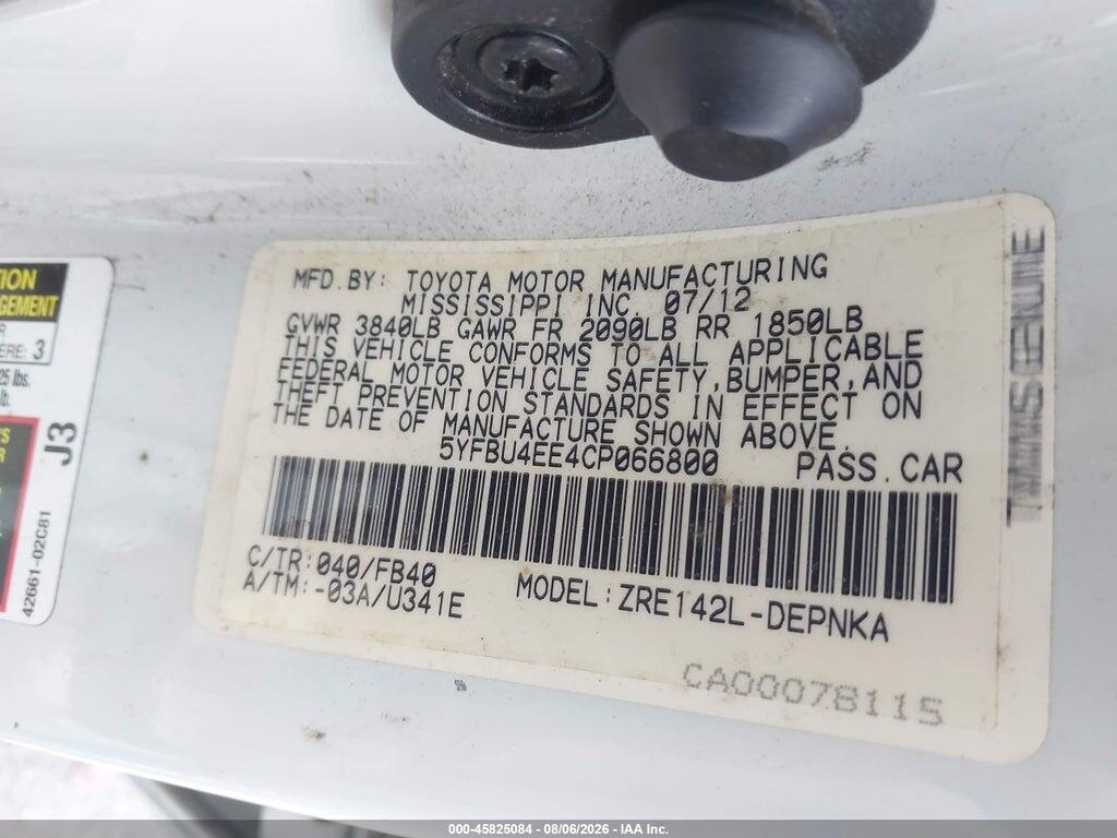 5YFBU4EE4CP066800 2012 TOYOTA COROLLA photo no. 9