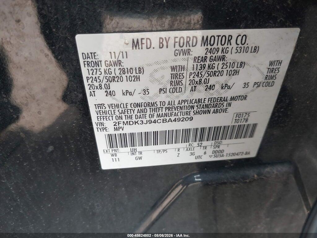 2FMDK3J94CBA49209 2012 FORD EDGE photo no. 9