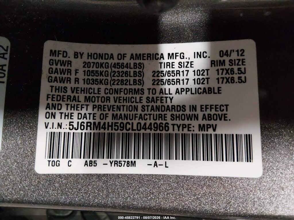 5J6RM4H59CL044966 2012 HONDA CR-V photo no. 9