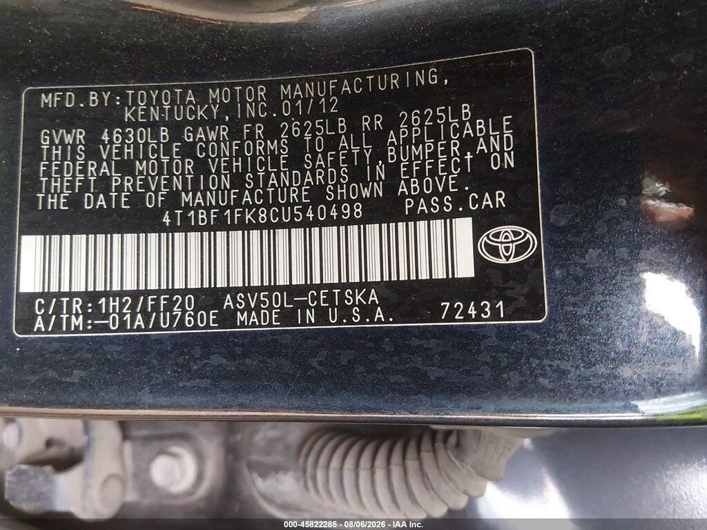 4T1BF1FK8CU540498 2012 TOYOTA CAMRY photo no. 9