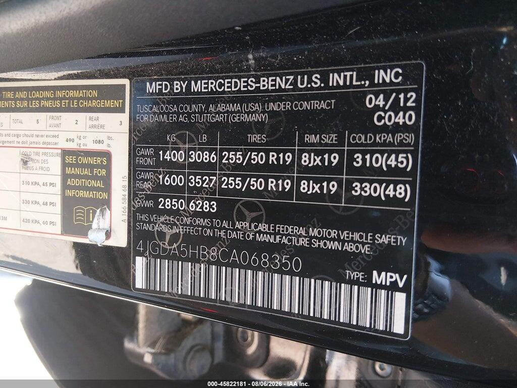 4JGDA5HB8CA068350 2012 MERCEDES-BENZ ML 350 photo no. 9