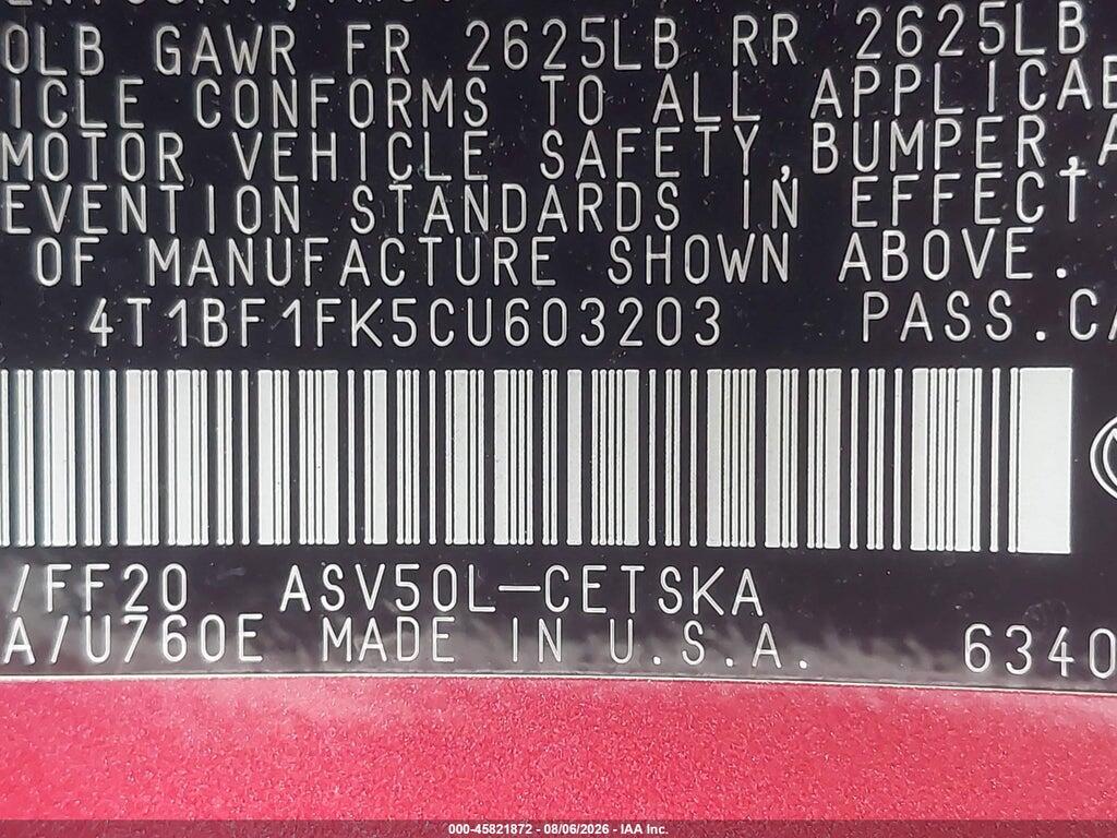 4T1BF1FK5CU603203 2012 TOYOTA CAMRY photo no. 9