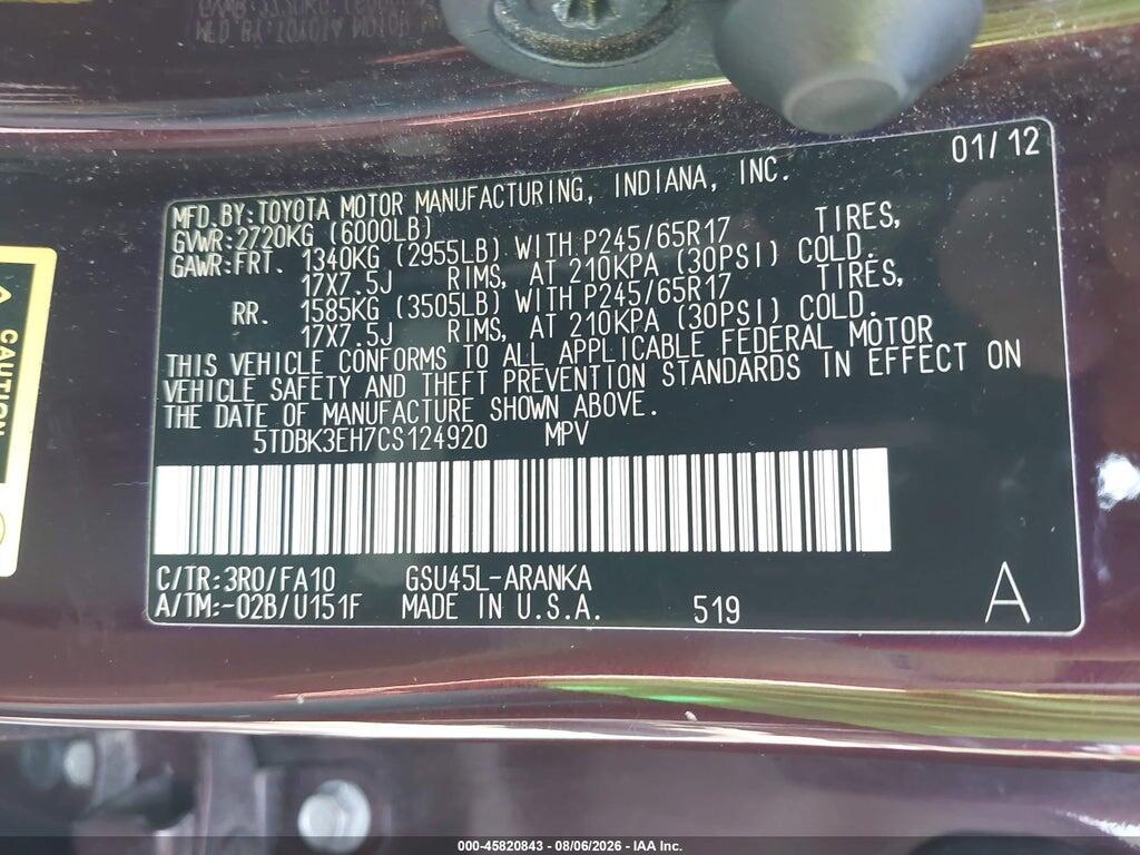 5TDBK3EH7CS124920 2012 TOYOTA HIGHLANDER photo no. 9