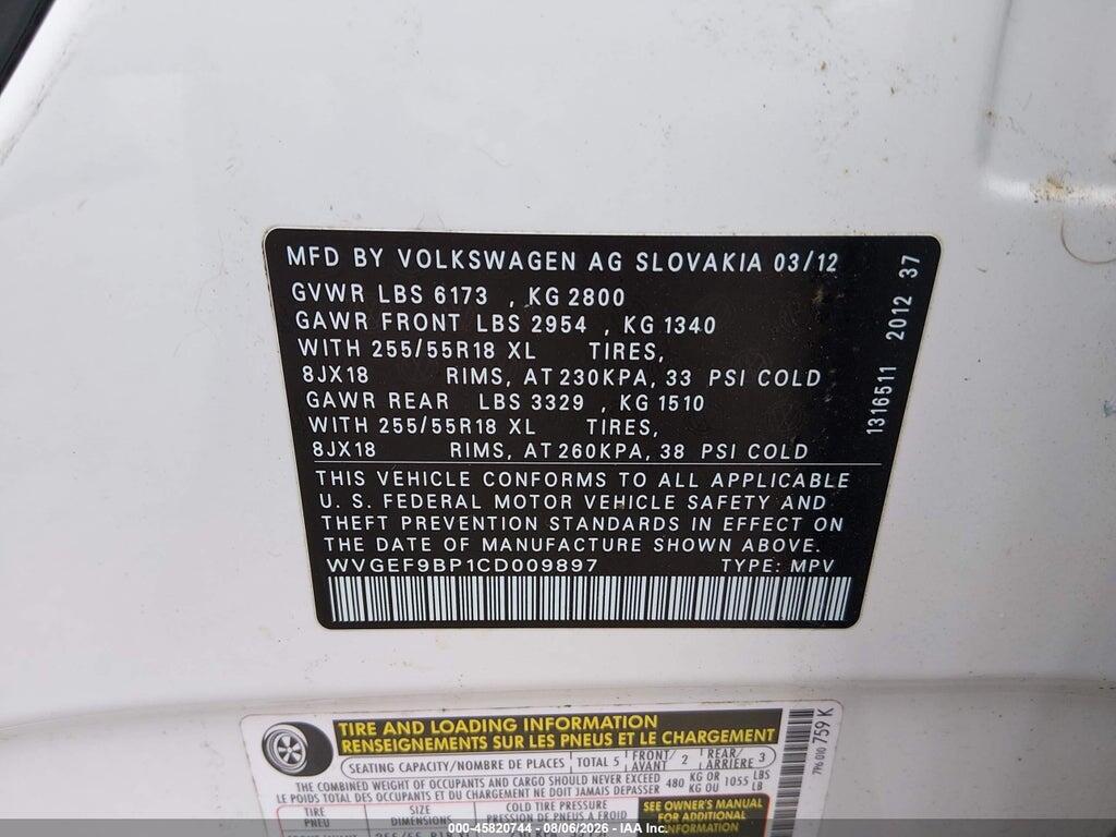 WVGEF9BP1CD009897 2012 VOLKSWAGEN TOUAREG photo no. 9